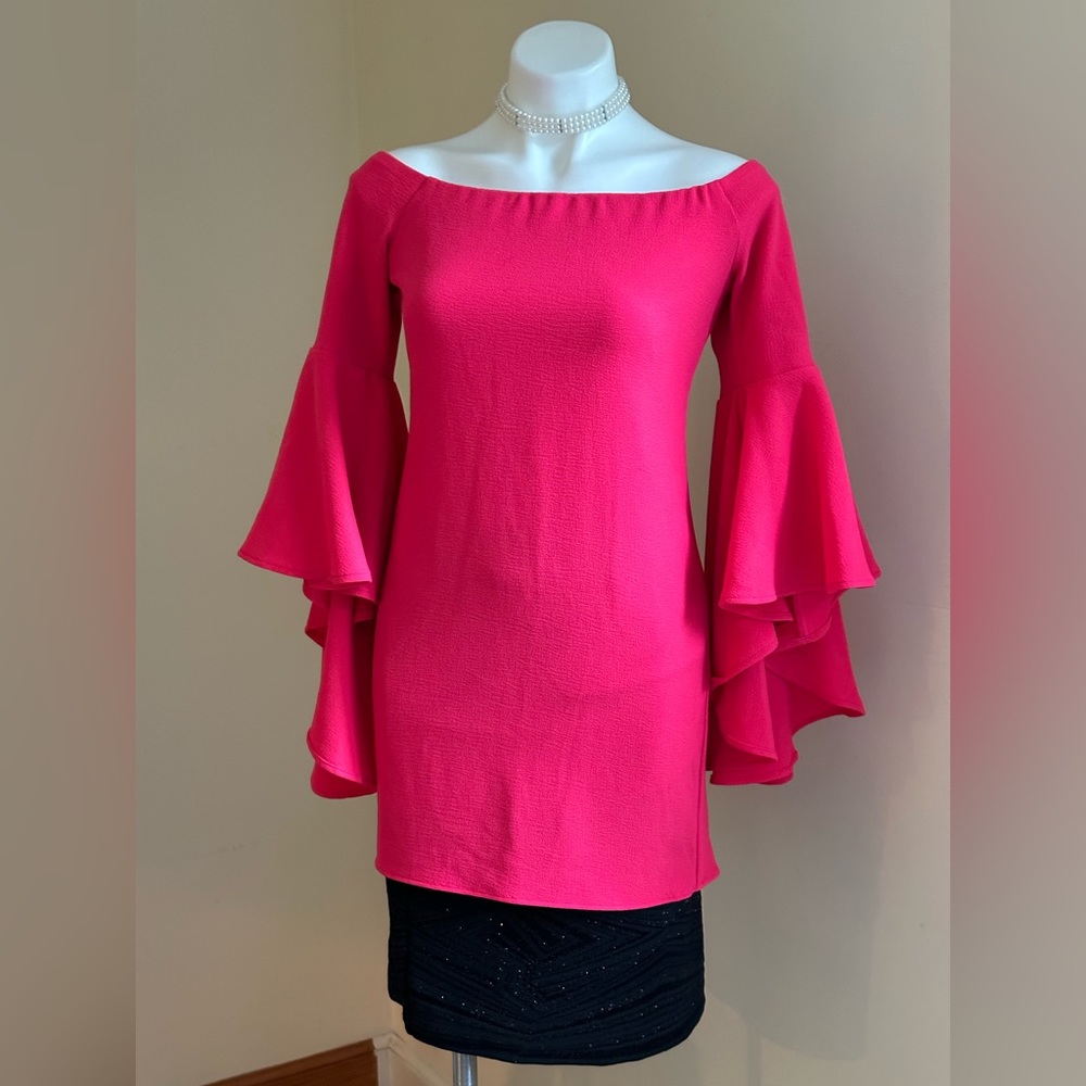 Backstage Watermelon Pink Cold Shoulder Asymmetrical Bell Sleeves Blouse…